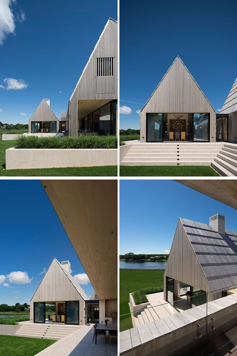 A marble plinth filled with sand elevates this modern house above the floodplain while also creating drywells to accept storm water runoff. #Plinth #ModernHouse #Architecture #Landscaping