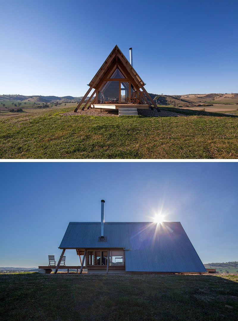 Anthony Hunt Design together with Luke Stanley Architects, have designed JR’s Hut at Kimo Estate, a small cabin in rural Australia, that was inspired by a classic ‘A’ frame tent. #Cabin #Hut #Architecture