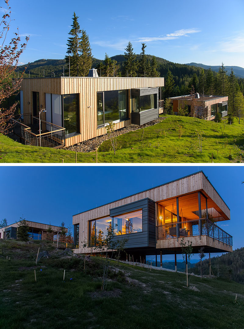 Viereck Architekten designed a collection of 'Deluxe Mountain Chalets' in Austria, that were inspired by bird nests and have interiors with recycled farmhouse materials. #ModernChalet #Architecture