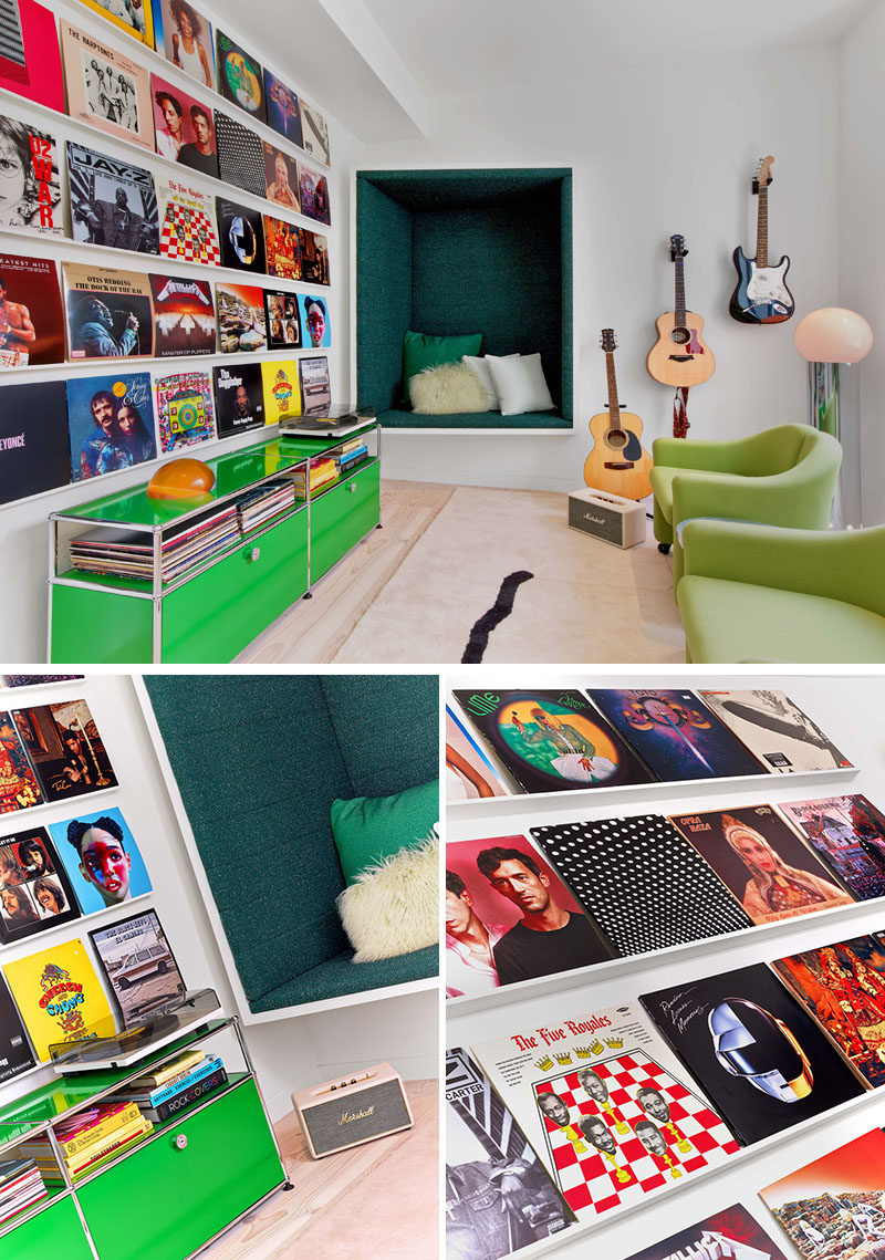 This modern house has a custom music room with a built-in seating nook and a record display wall.