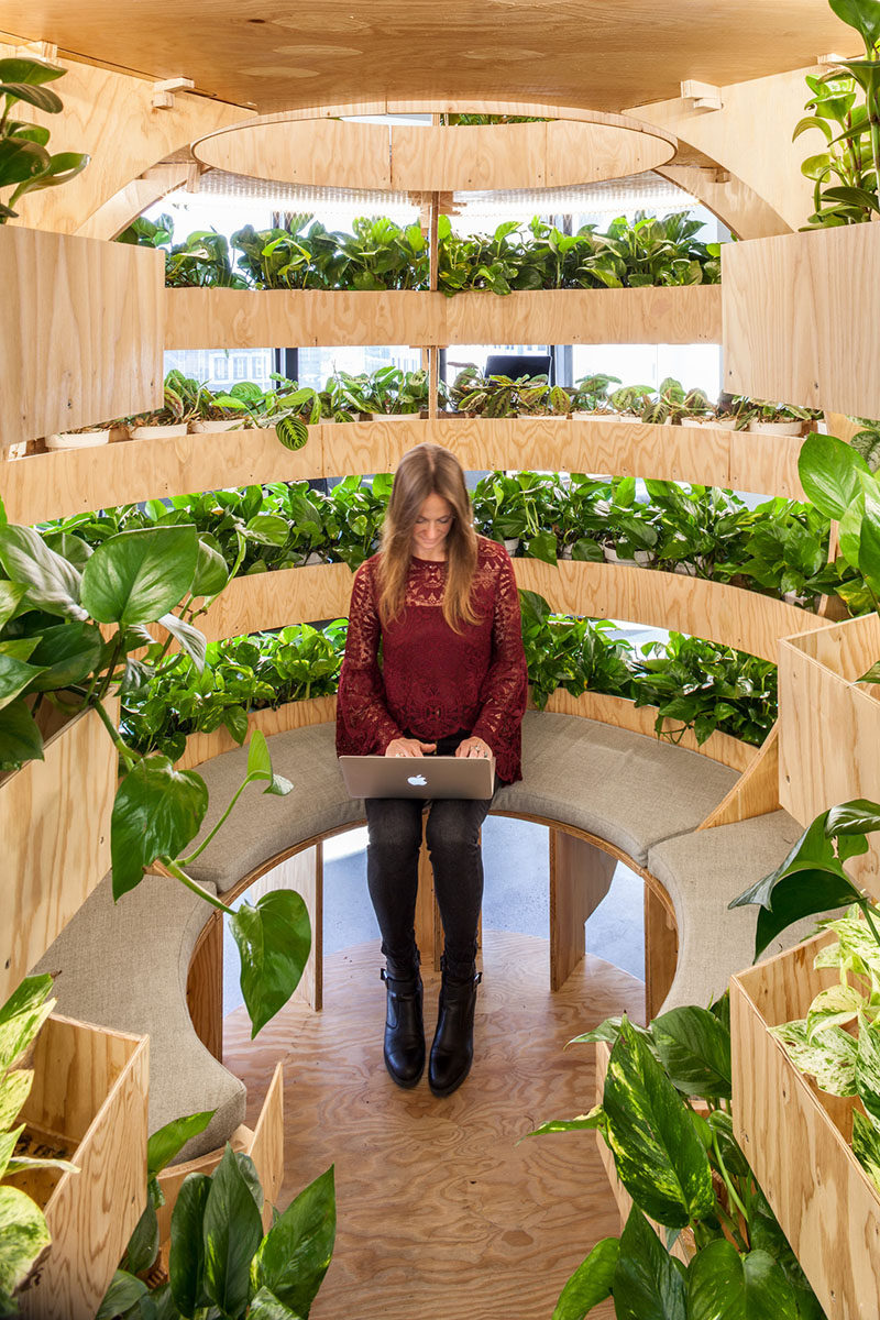 This modern healthcare office has a Growroom, a spherical garden that empowers people to grow food. #Growroom #Plants #OfficeDesign #Workplace