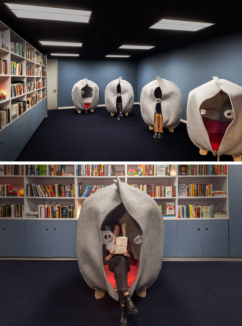 This modern office has a library and meditation room for employees to have some private time after a difficult call or meeting. #Library #OfficeDesign #QuietRoom #InteriorDesign #Workplace