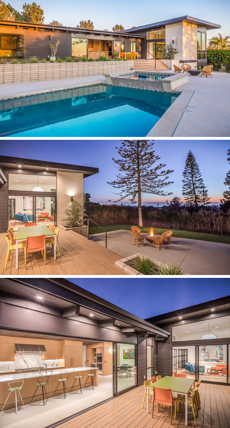 This renovated mid-century modern house has a deck, swimming pool, outdoor dining area, hot tub and a fire pit. #Landscaping #Deck #SwimmingPool #FirePit #OutdoorDining