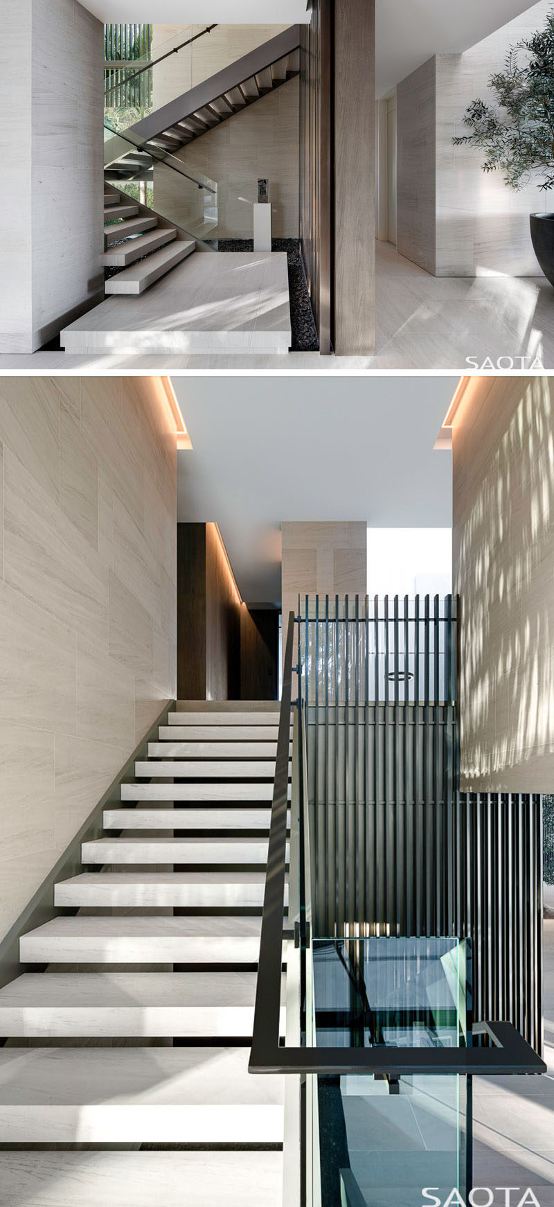 These modern stairs with glass safety screens and steel handrails lead to the upper floor of this house. #Stairs #Staircase #ModernStairs