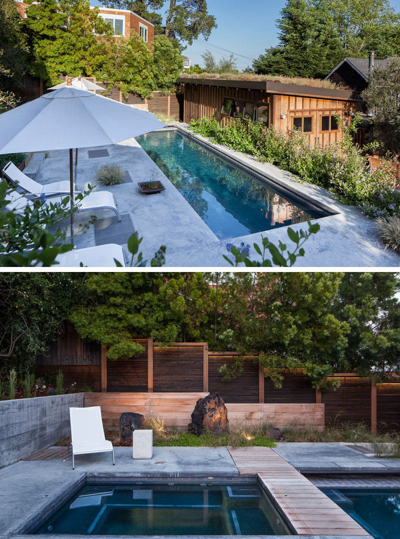 This modern backyard has a narrow and long swimming pool with a patio that runs the length of the pool. From this view of the backyard, you are able to see the garage with a green roof. #SwimmingPool #GreenRoof #Garage #Landscaping