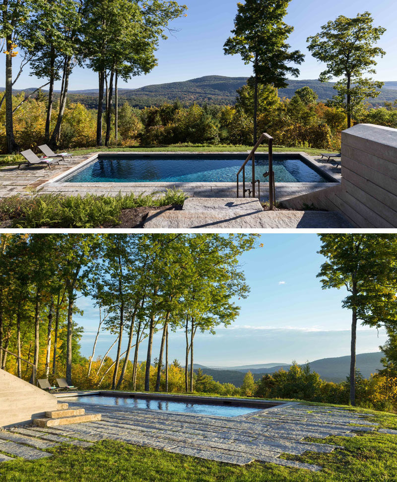 This modern swimming pool is positioned at the edge of a drop-off, and it has views of the valley and ridge beyond. #SwimmingPool #Pool #Landscaping