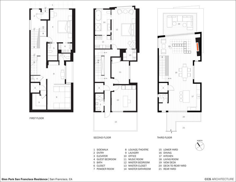 CCS Architecture have designed a new multi-level house in San Francisco, California, that features an exterior of Shou Sugi Ban and light interior full of color. #FloorPlan #Architecture #InteriorDesign #ModernHouse