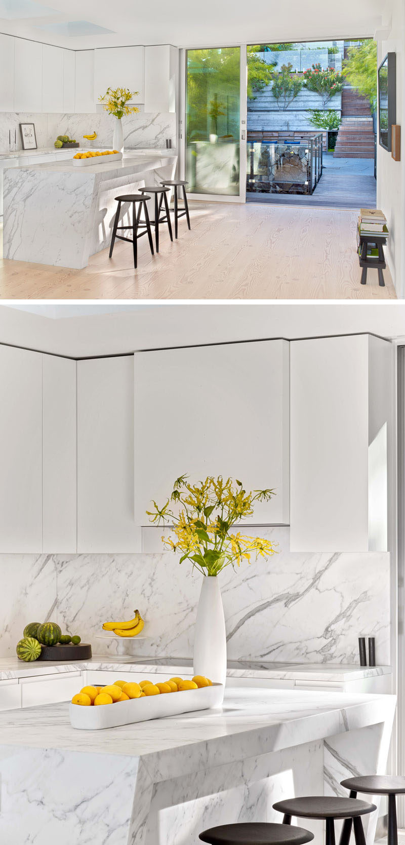 This kitchen combines white cabinets and marble countertops for a modern look. #ModernKitchen #WhiteKitchen #KitchenDesign #WhiteMarble