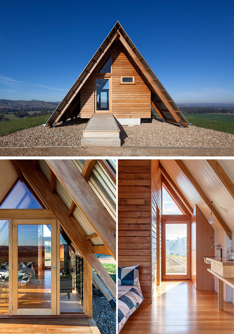 An expressed hardwood structure anchors the cabin, defining the interior spaces and framing views of the surrounding farmlands. #Cabin #Hut #Architecture #Doors