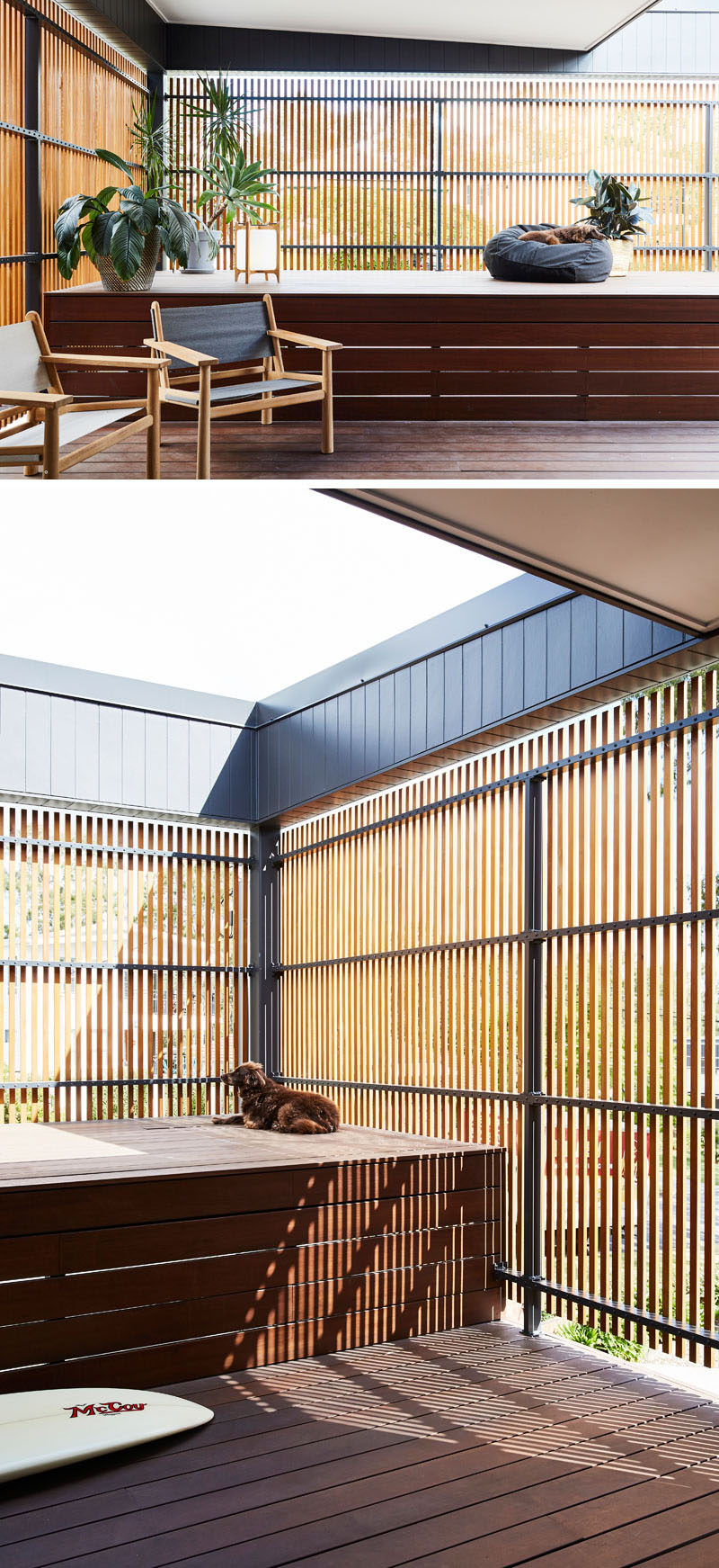 This modern private patio, which is partially covered, is hidden behind a section of wood slats featured on the front of the house. #Patio #Screen #WoodScreen