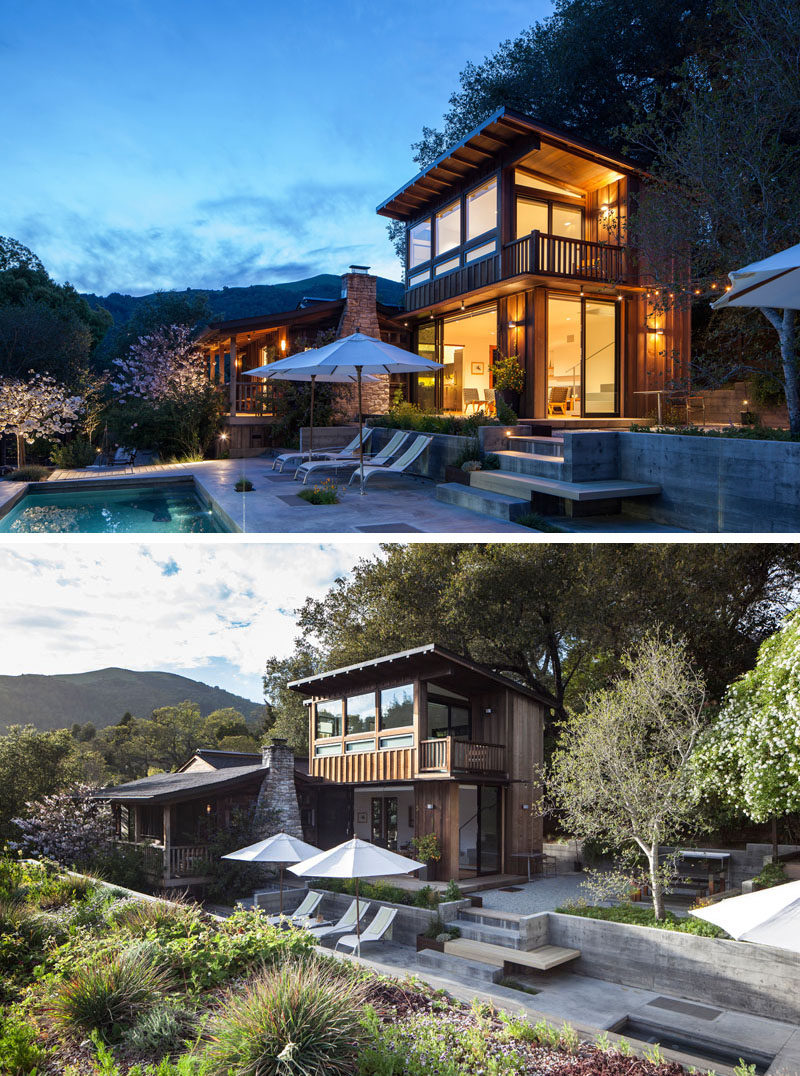 A two-storey addition with board and batten wood siding was added to a small cottage in California. #ModernAddition #Architecture #Cottage #Landscaping