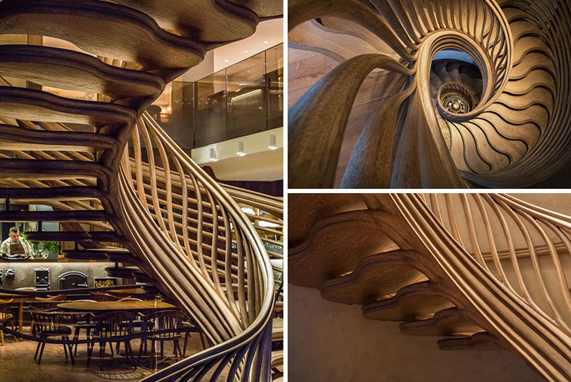 Atmos Studio have designed a sculptural wood spiral staircase that's the centerpiece for the 3-storey HIDE restaurant in London. Click through to see more photos of the staircase. #SpiralStairs #SculpturalStairs #Architecture #Design #WoodStairs