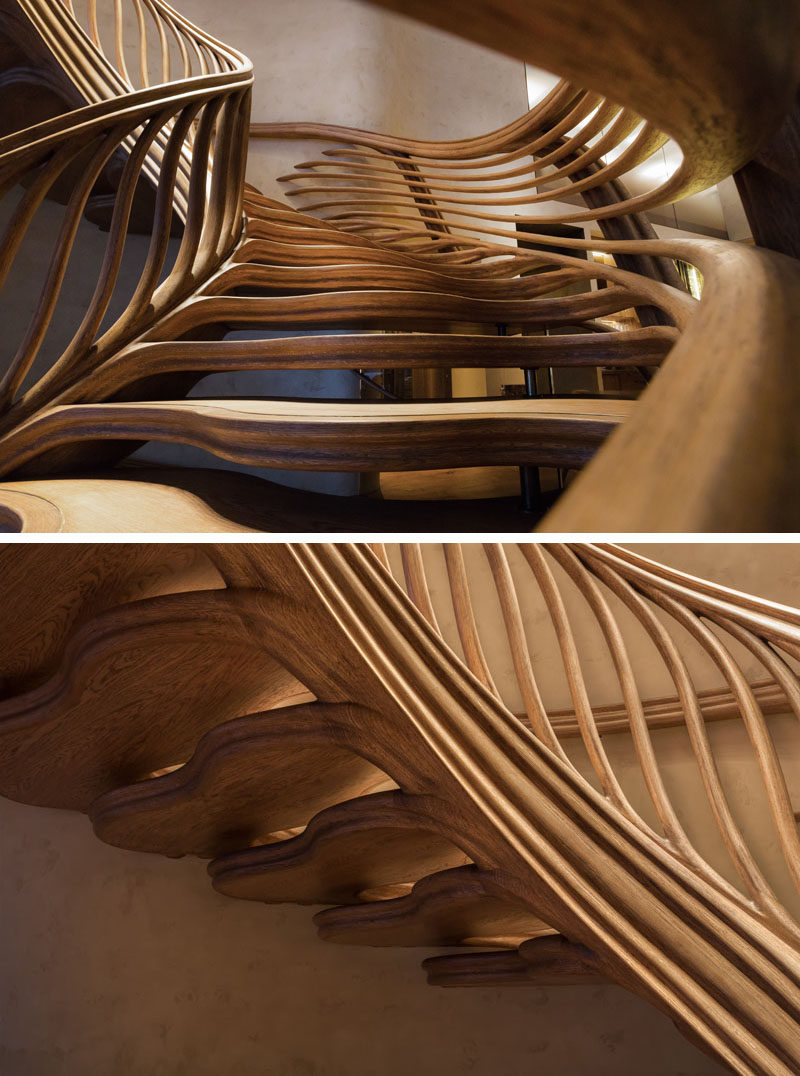 Atmos Studio have designed a sculptural wood spiral staircase that's the centerpiece for the 3-storey HIDE restaurant in London. Click through to see more photos of the staircase. #SpiralStairs #SculpturalStairs #Architecture #Design #WoodStairs