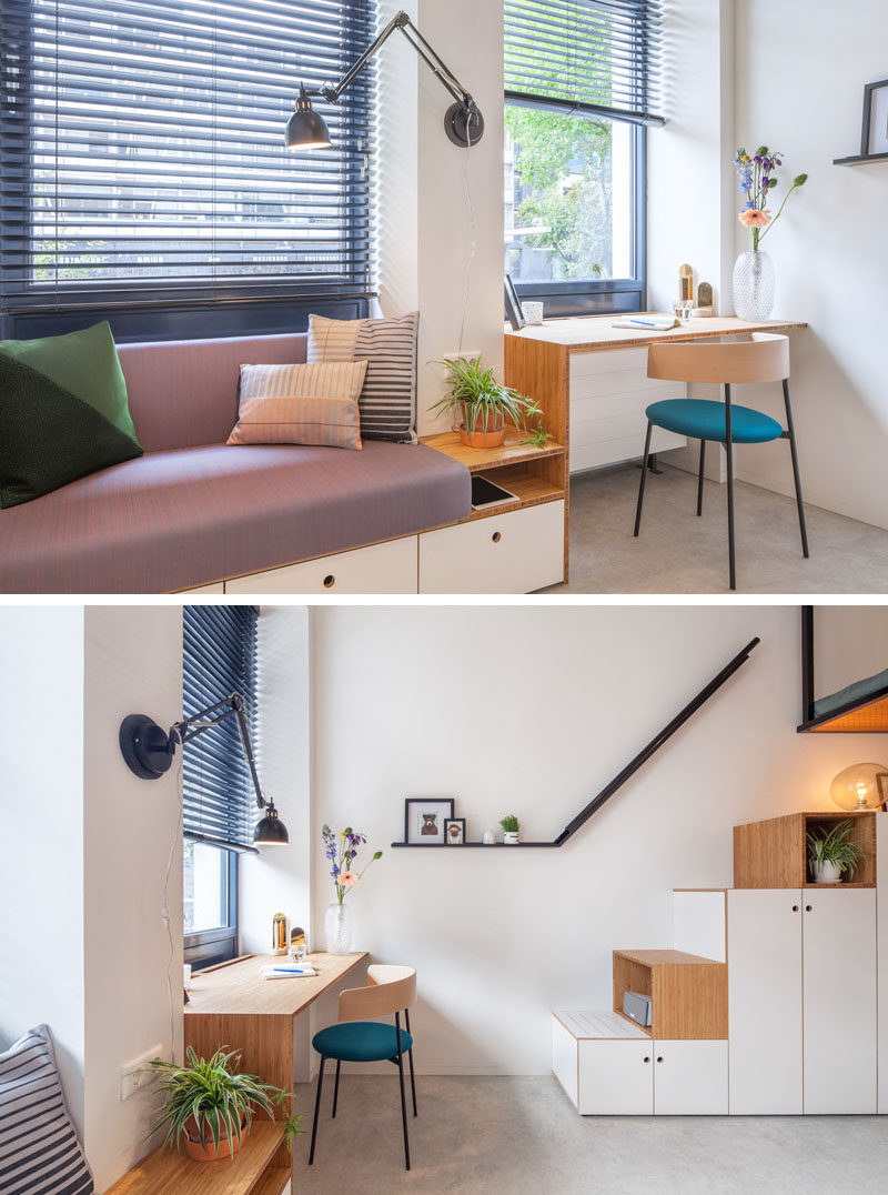 The designers of this small apartment created a built-in couch and desk unit that runs along the windows. #BuiltInFurniture #Design #Furniture #Desk #Couch