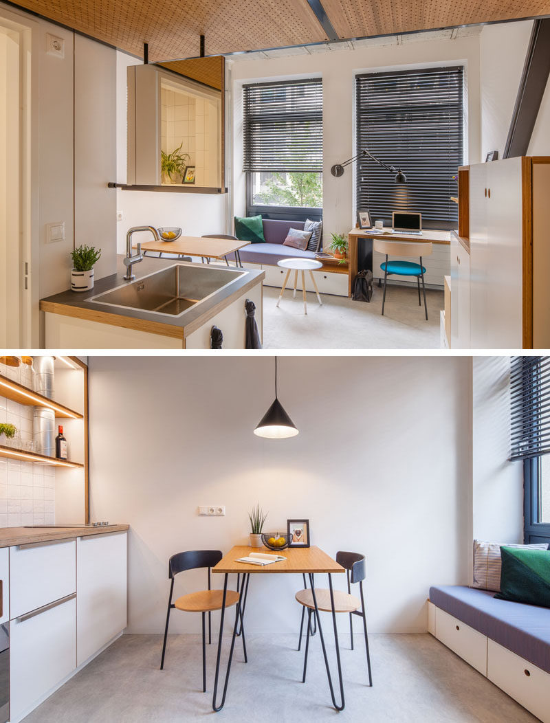 As the apartment offers no space for a vanity unit in the bathroom and a sink in the kitchen, both have been combined. The sink is divided by a floating panel which is on one side a sink with mirror. And on the other side, it is a sink in the kitchen with a chalkboard. #SmallApartment #Sink #Dining