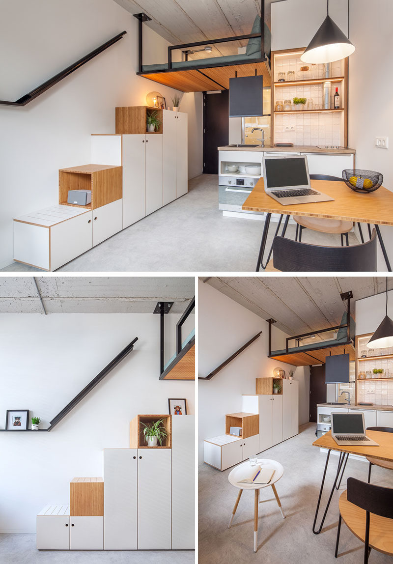 This modern and small apartment has a bed attached to the ceiling, hanging 3 meters above the floor. A large wardrobe does double duty as storage and due to its design, it also acts as a sturdy staircase to the bed. #LoftBed #Stairs #Storage #SmallLiving #ApartmentDesign