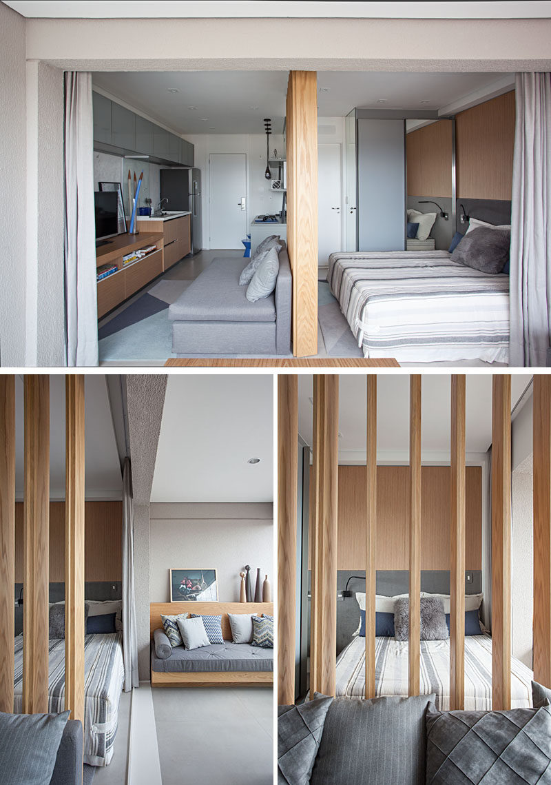 The living area and the bedroom area in this small apartment are separated by a wood partition wall. By using wood slat partition, light is able to travel throughout the apartment and helps to make the apartment feel larger. #Apartment #WoodSlatPartition #WoodSlat #Divider