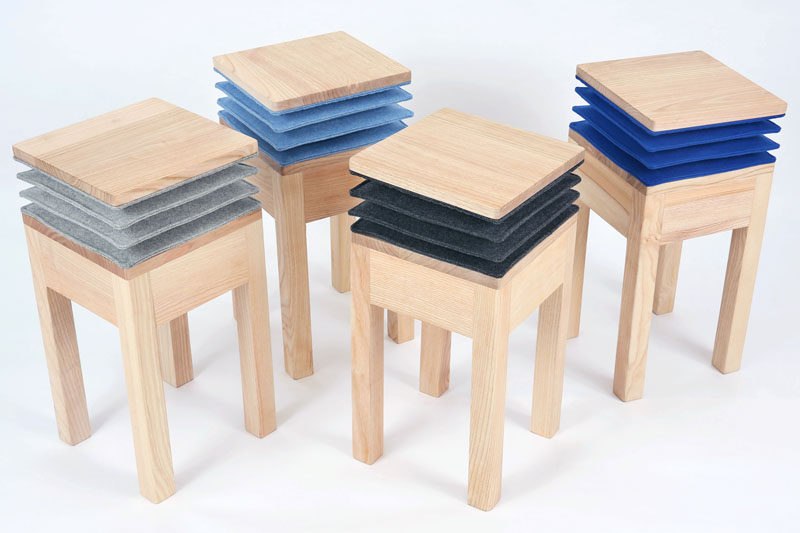 Soraia Gomes Teixeira has collaborated with Burel Mountain Originals to create the Xia Stool, that has an accordion-like detail below the seat, that when sat on, creates a musical note. #ModernFurniture #FurnitureDesign #Seating