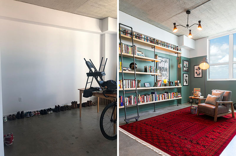 Francis Dominguez has transformed a spare empty bedroom into a library that features wood shelves, a metal ladder, and a reading area. #IndustrialModern #Library #InteriorDesign