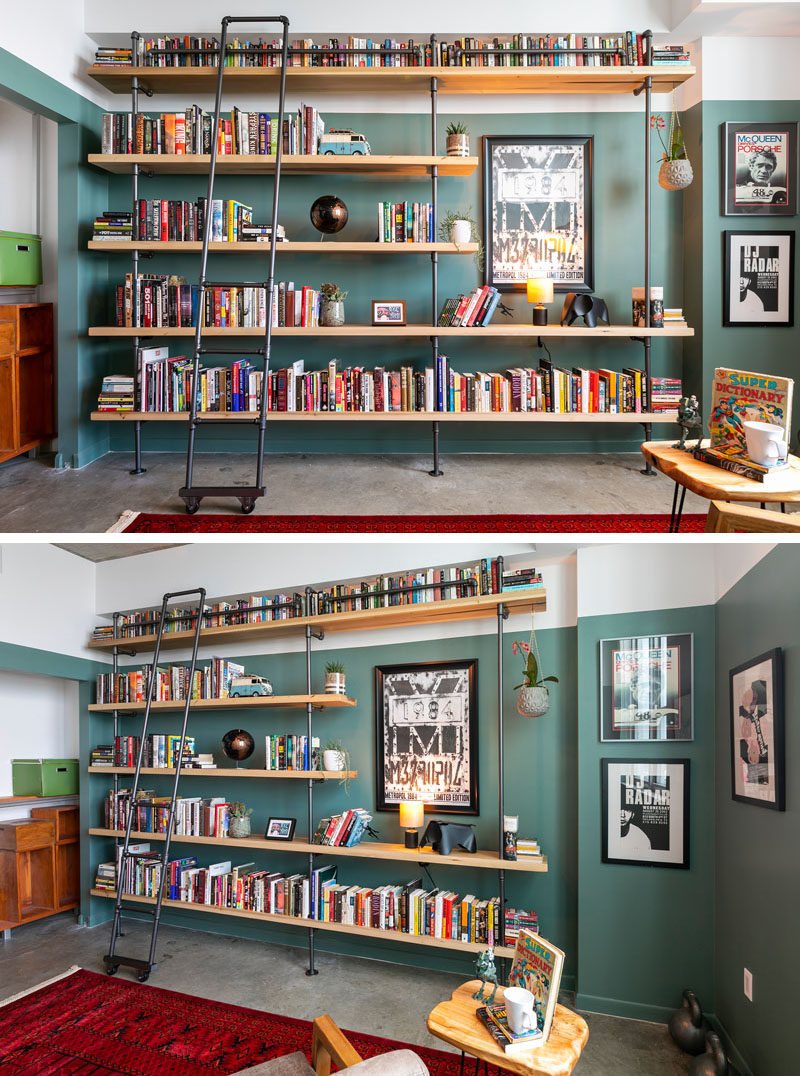 Francis Dominguez has transformed a spare empty bedroom into a library that features wood shelves, a metal ladder, and a reading area. #IndustrialModern #Library #InteriorDesign