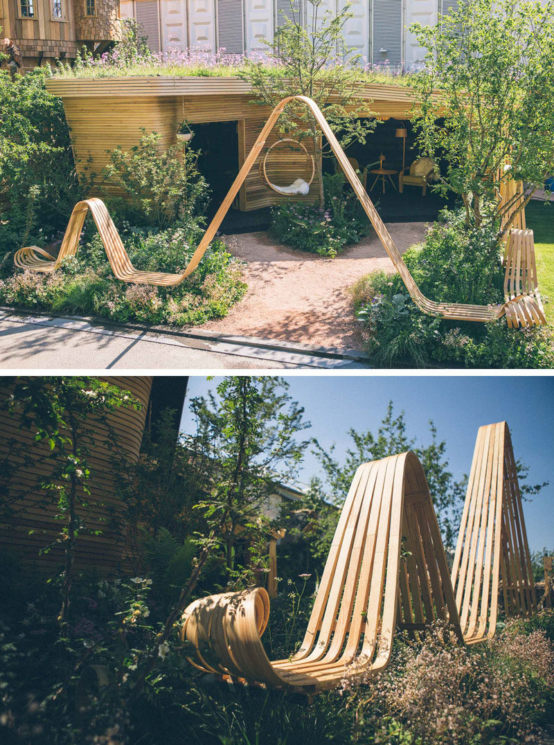 Tom Raffield and Darren Hawkes designed a striking wood pavilion with a spiraling steam bent bench for the Chelsea Flower Show. #SteamBentWood #Woodworking #Design