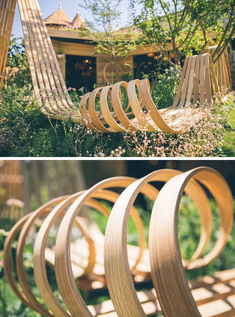 Tom Raffield designed a striking wood pavilion with a spiraling steam bent bench for the Chelsea Flower Show. #SteamBentWood #Woodworking #Design