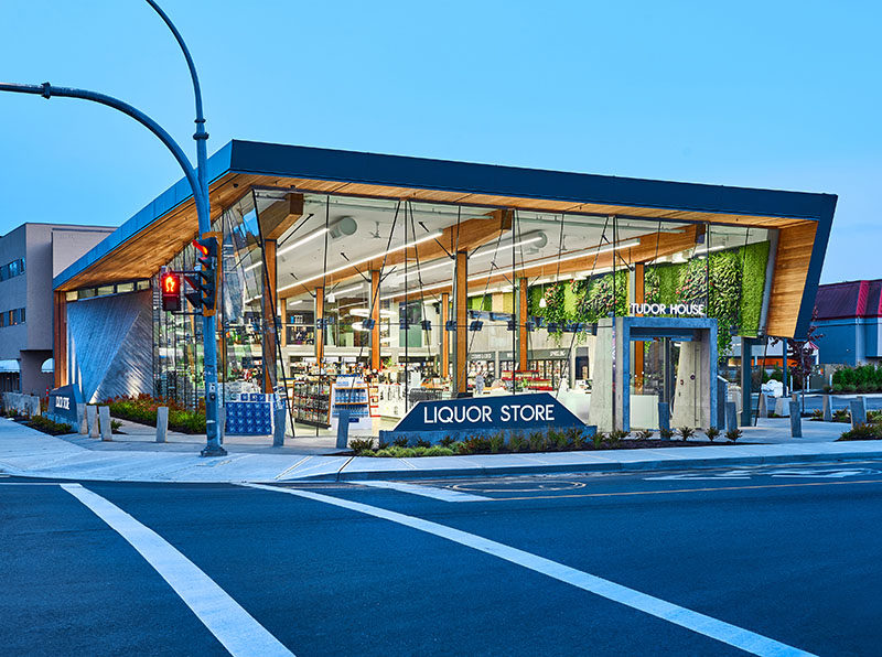 GBL Architects have recently completed the Tudor House Liquor Store in Victoria, Canada, that has a striking glass facade. #ModernRetailStore #ModernArchitecture #RetailDesign