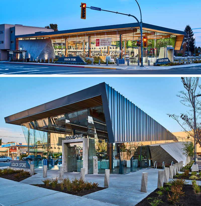 GBL Architects have recently completed the Tudor House Liquor Store in Victoria, Canada, that has a striking glass facade. #ModernRetailStore #ModernArchitecture #RetailDesign