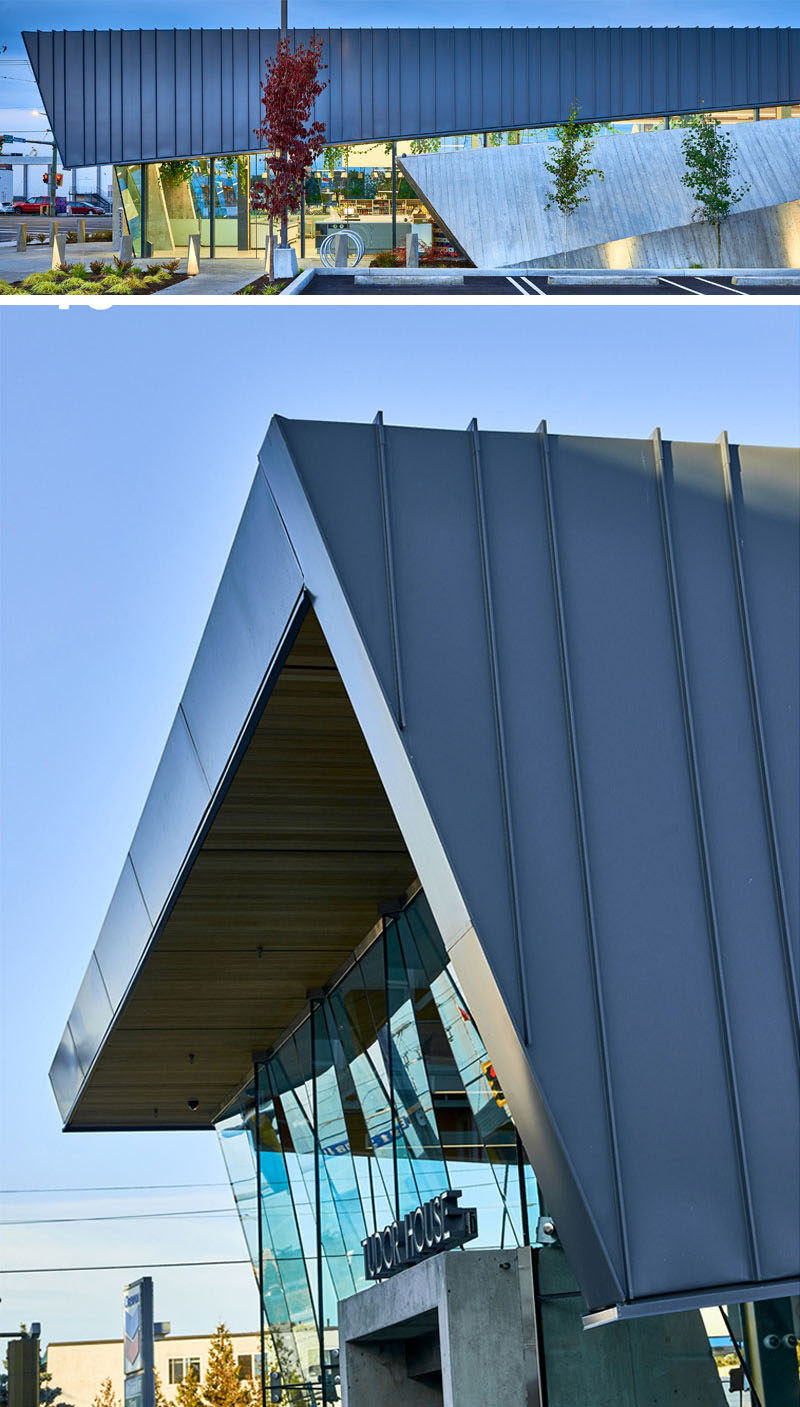 The large standing seam metal roof with a cedar soffit, overhangs at the front of this modern liquor store, ensuring the west face of the building is relatively unaffected by late afternoon sun. #LiquorStore #Architecture #RetailDesign #Roof #Soffit