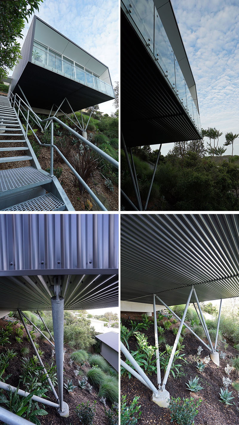 This cantilevered and minimalist backyard studio rises up from two deep-set concrete piers with double clusters of steel piloti, which support the building at the front, while the rear rests on top of a suspended off-form tie beam. #Architecture #Cantilever #Supports