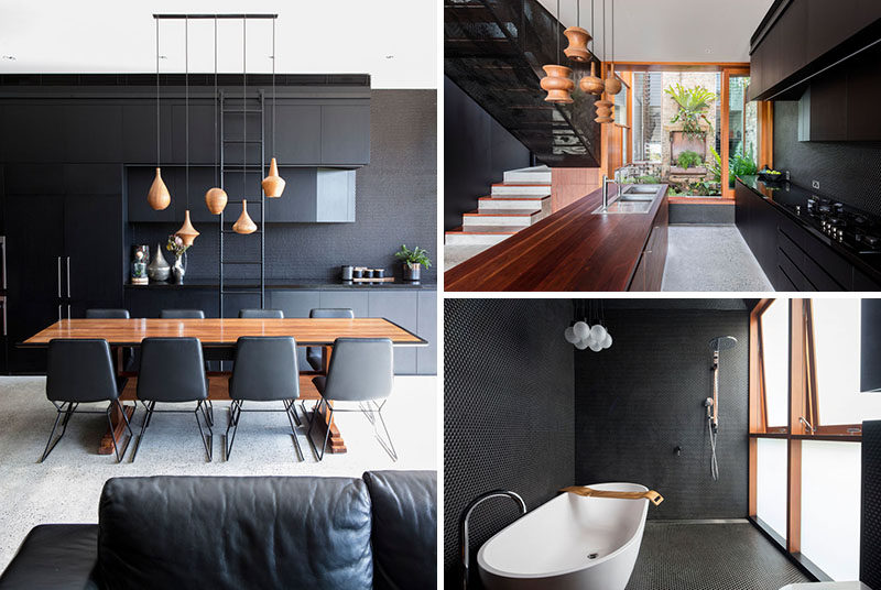 This modern house combines black, wood and concrete to create a bold appearance. #ModernInterior #BlackInterior #BlackAndWood #InteriorDesign