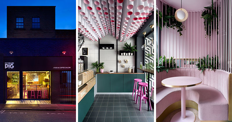 Kingston | Lafferty Design have designed the Pot Bellied Pig, a cafe in Dublin, Ireland, that features fun colors, and a creative ceiling installation. #CafeDesign #InteriorDesign