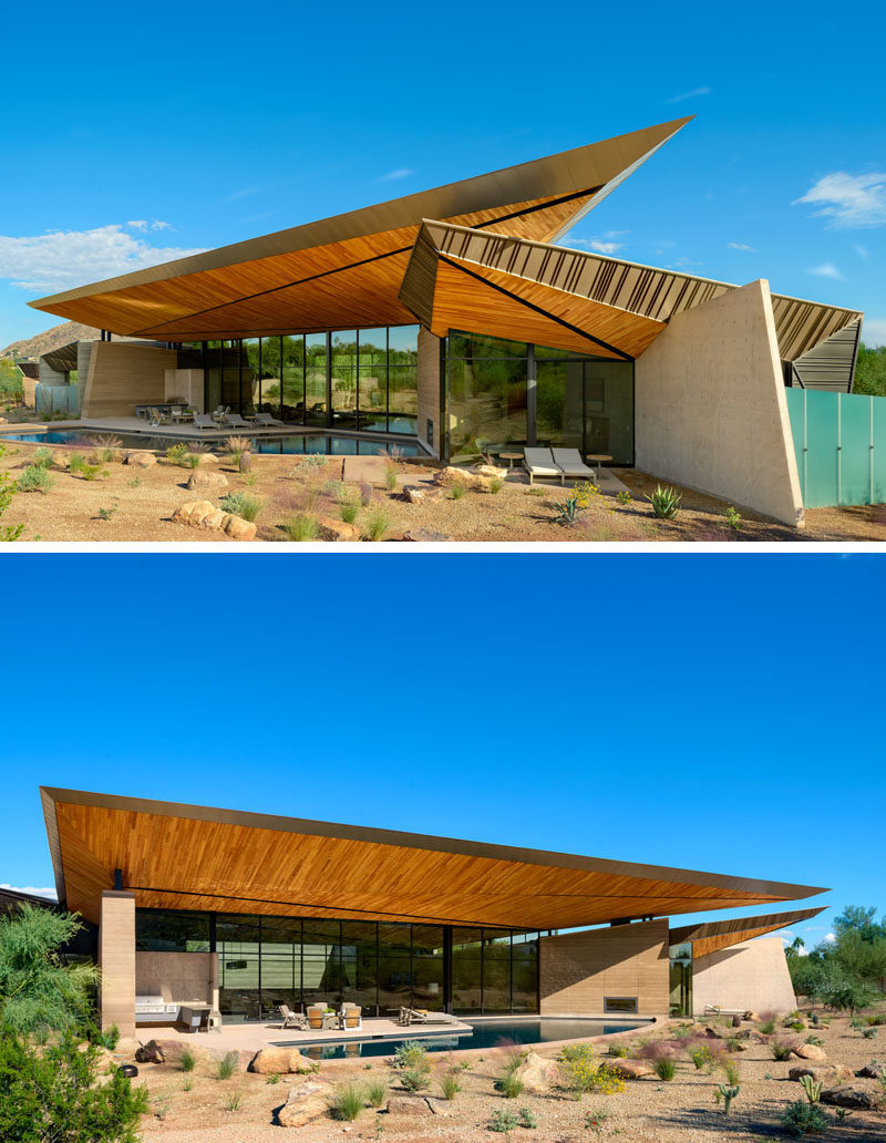 This modern house has a floating roof canopy, the underside of which is comprised of tectonic-like wood forms inspired by local geology and monsoon cloud formations. #ModernArchitecture #RoofDesign #SculpturalRoof #WoodRoof