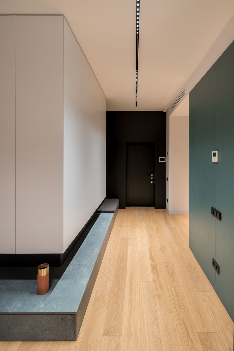 This modern apartment has light wood flooring throughout, and a small ledge leads to the living room. #Hallway #InteriorDesign