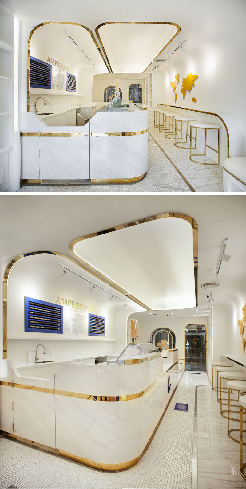 This modern gelato boutique features white and navy blue, with touches of gold to add elegance to the interior. #GelatoBoutique #RetailDesign