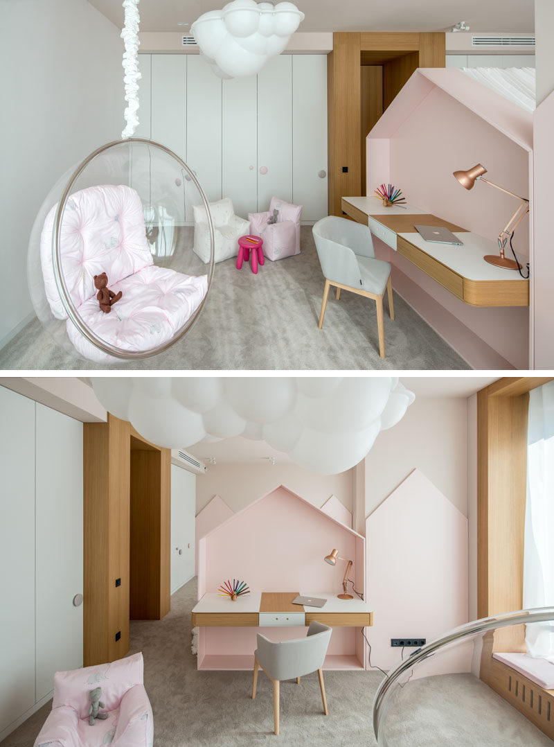 This children's bedroom has a play area with a desk and hanging chair behind the bed. #Bedroom #PlayArea #HomeworkStation