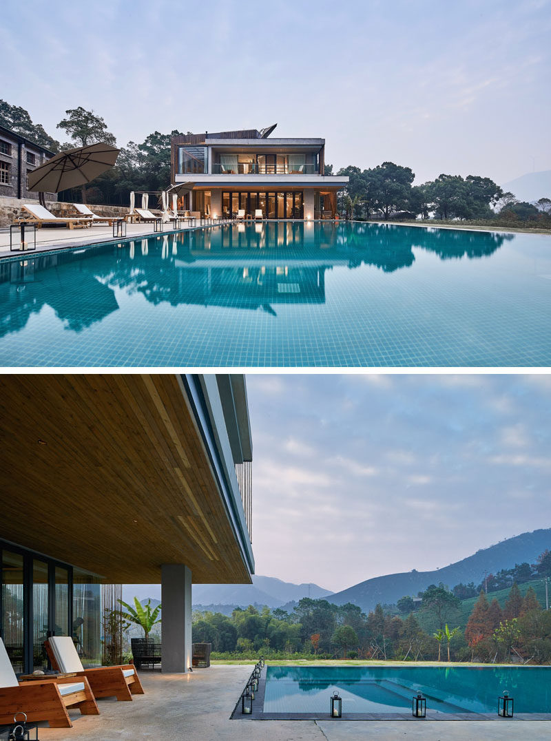 This modern hotel in China has a large swimming pool with uninterrupted views of the valley and mountains. #SwimmingPool #HotelPool
