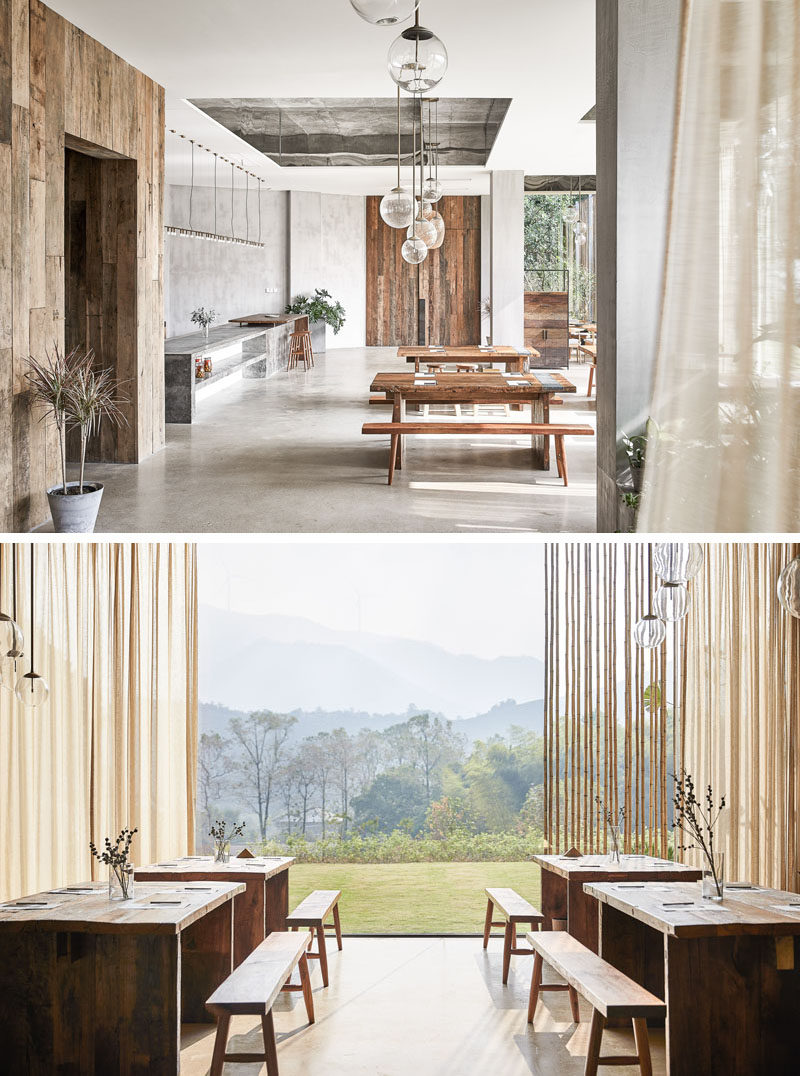 This hotel restaurant uses wood tables with bench seating to create a rustic modern appearance. #Restaurant #HotelDesign #Dining