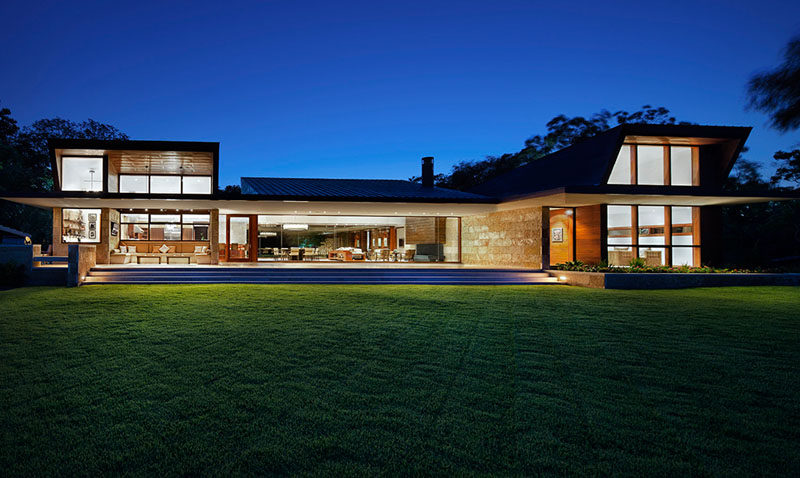 Miró Rivera Architects have designed a new house in Austin, Texas, that features exterior walls of flat seam copper and Lueders roughback limestone, and a roof made from standing seam copper. #ModernArchitecture #ModernHouse