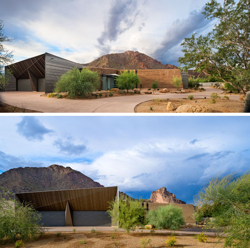 Kendle Design Collaborative were inspired by desert forms, indigenous materials, natural light, and mountain views, when they designed this house in Paradise Valley, Arizona. #ModernHouse #ModernArchitecture #Sculptural