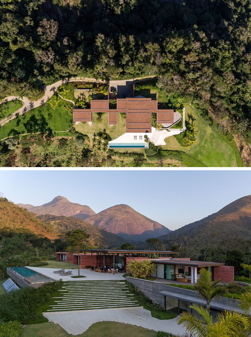 Bernardes Arquitetura have designed Casa Terra, a modern house in Itaipava, Rio de Janeiro, that features an expansive wood roof with walls made of pigmented concrete. #PigmentedConcrete #WoodRoof #Architecture #ModernHouse