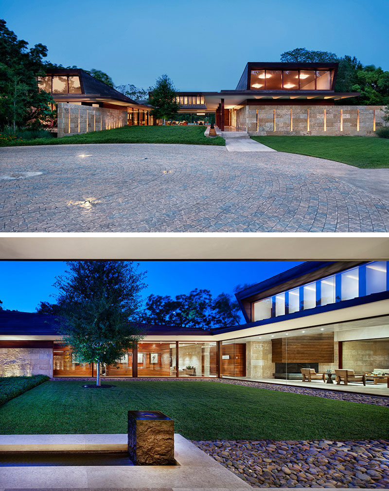 Miró Rivera Architects have designed a new house in Austin, Texas, that features exterior walls of flat seam copper and Lueders roughback limestone, and a roof made from standing seam copper. #ModernArchitecture #ModernHouse #LandscapeDesign