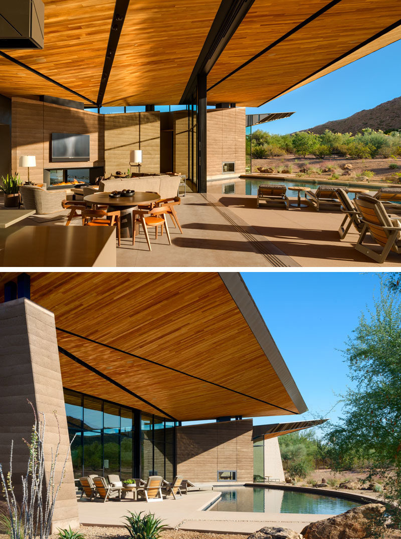 The signature feature of this modern house is its floating roof canopy, the underside of which is comprised of tectonic-like forms inspired by local geology and monsoon cloud formations. #ModernHouse #WoodCeiling #ModernArchitecture