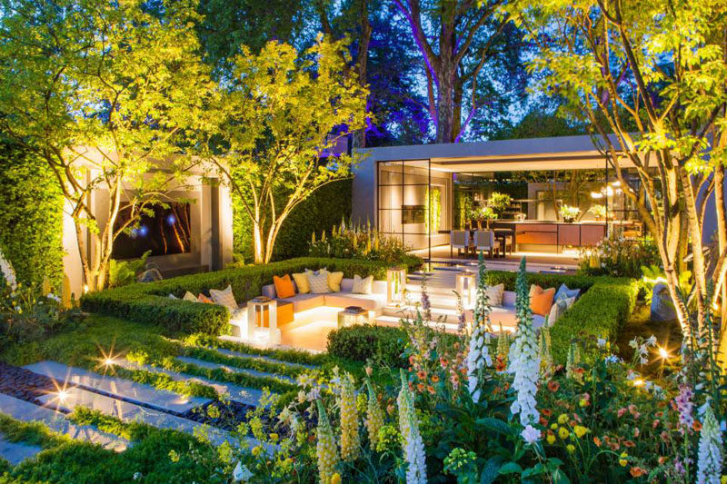 This modern garden features a sunken patio / lounge area, water features, built-in televisions, and a pavilion with a dining area and kitchen. #ModernGarden #Landscaping #LandscapeDesign #Garden #Backyard