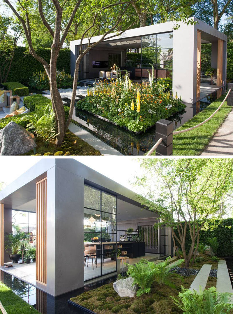 This modern garden pavilion houses a dining and kitchen area, while the large sliding glass doors give an industrial finish to the space. #GardenPavilion #LandscapeDesign #Landscaping #Architecture