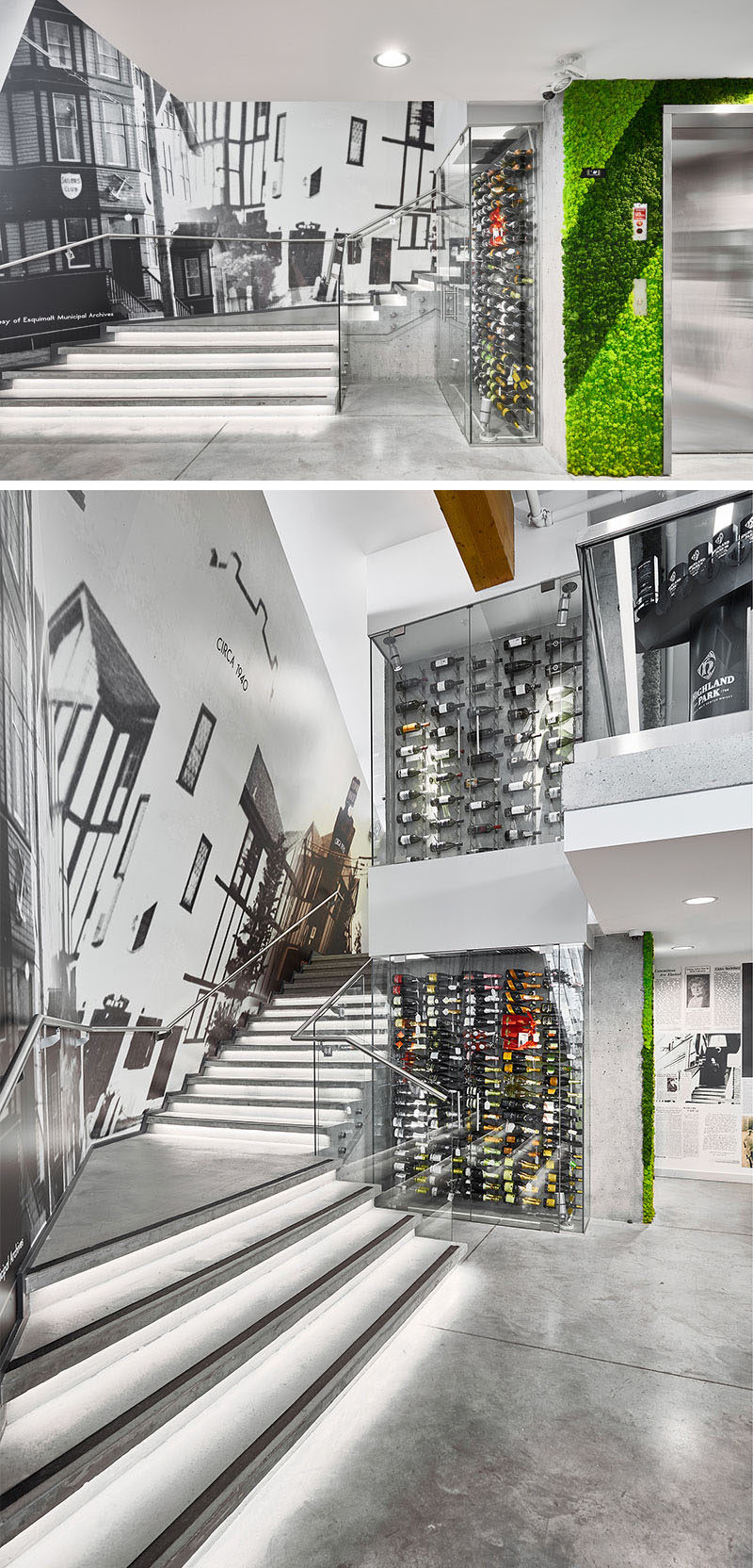 Feature stairs at the rear of this modern liquor store lead up to a mezzanine, and a conditioned wine display, both wrap around the elevator core. #Stairs #WineDisplay #RetailDesign