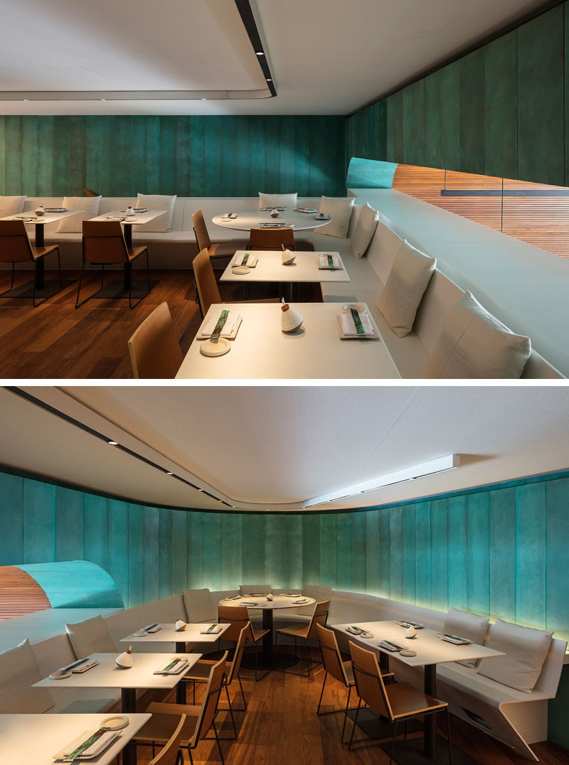 Inspired by the ocean and fishing vessels, oxidized copper and natural wood have been used as the main materials throughout this modern Japanese restaurant. #Restaurant #Copper #Wood #InteriorDesign