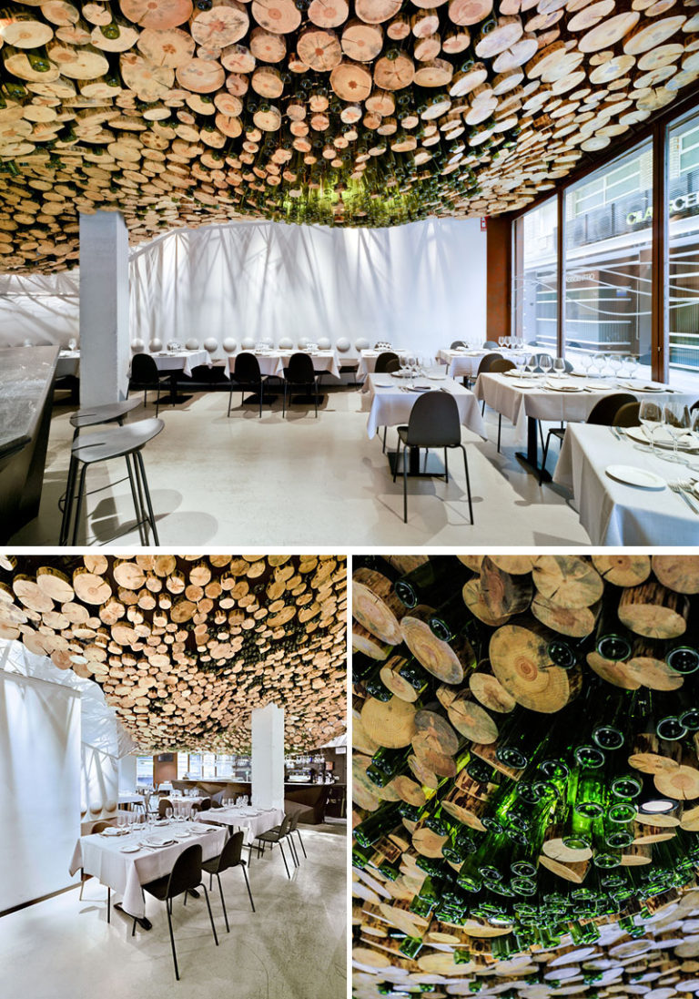 A Wavy Installation Of Cut Logs And Green Glass Cover The Ceiling Of ...