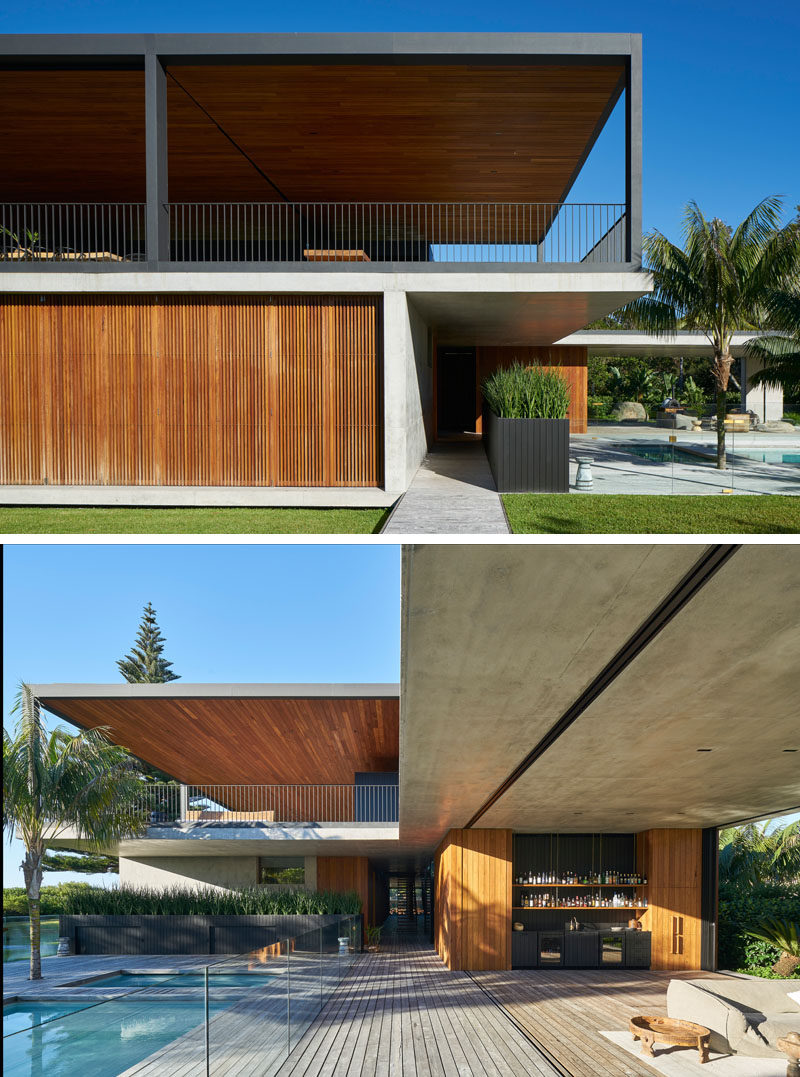 This Australian house has multiple outdoor areas, a swimming pool, and uses wood, steel and concrete to create a modern appearance. #Architecture #ModernHouse