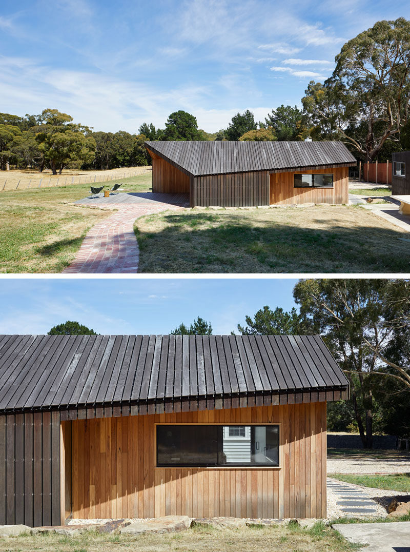 The form of this modern wood addition was inspired by the dilapidated timber shearing sheds (lean-to structures) that inhabit the local area.  #ModernArchitecture #WoodExtension #WoodAddition #HouseAddition #HouseExtension